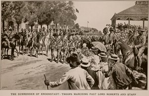 La resa di Kroonstadt: Truppe che marciano davanti a Lord Roberts e al suo staff, da uno schizzo di Melton Prior
